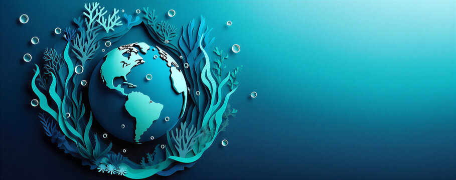 Earthglobesurroundedbyoceanplantsandbubblesillustration
