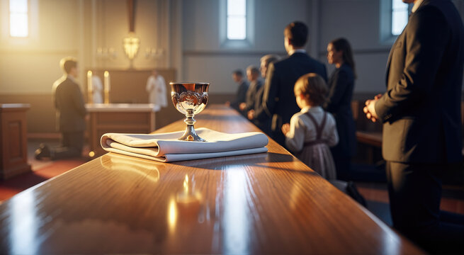 Silver chalice on a white cloth in a church during communion. People kneeling in prayer on wooden pews. Religious ceremony and holy sacrament concept