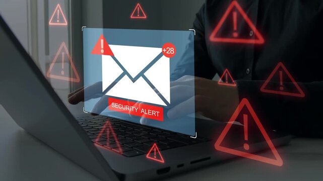 Spam email message on digital screen.Email security and virus spam alert in email. Fake text email scam.Scammers online.Cyber scam.	
