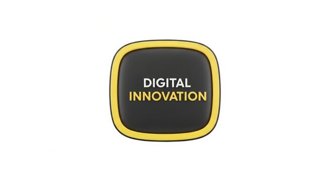 Digital innovation text on black 3d square badge with yellow border