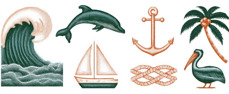 Marine halftone collage elements set. Ocean wave, dolphin, anchor, coconut tree, yacht, rope knots, and pelican. Classic seaside adventure concept stickers. Contemporary vintage illustration isolated.