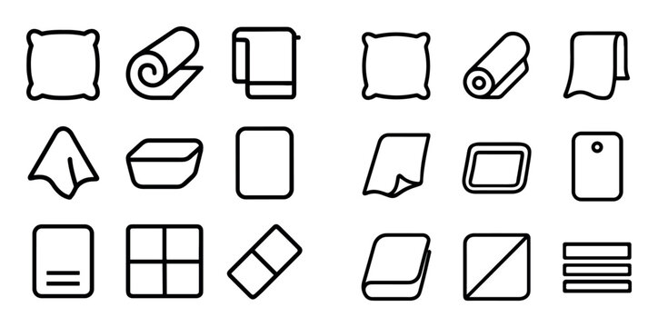 home essentials and kitchen design icons with pillow, towel and cutting board for mobile app design in minimal outline style