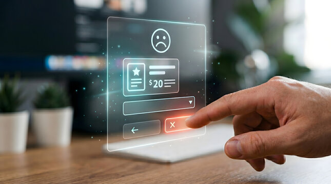 Finger tapping holographic cancel subscription modal on digital customer service interface screen