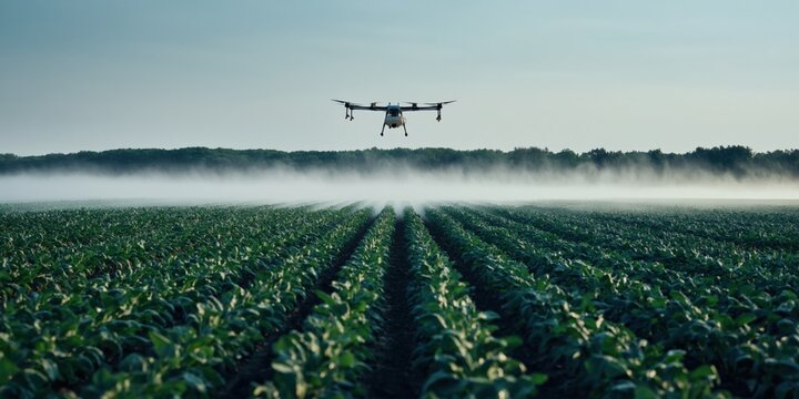 Unmanned drone hovering above planted rows in agricultural field