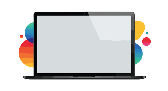Modern laptop computer with a blank screen isolated on a white background with colorful abstract shapes behind.