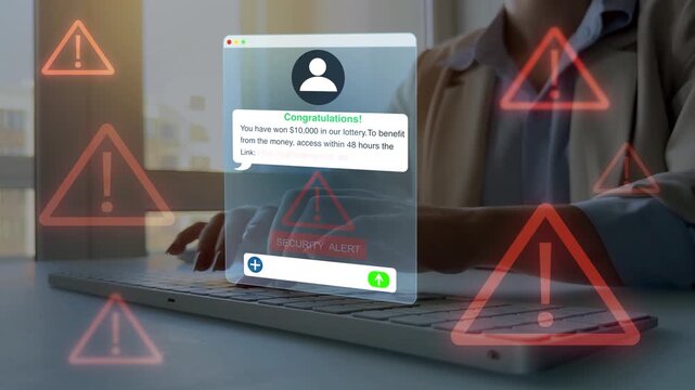 Phishing and scam, identity theft and online banking protection.	
Modern financial fraud and cybersecurity scam concept with warning symbols and secure system interface. 