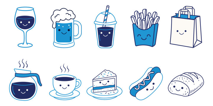 Set of cute food and drink icons with happy faces, flat vector illustration 