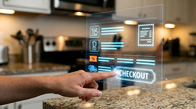 Finger pressing holographic checkout button on futuristic online order summary screen interface