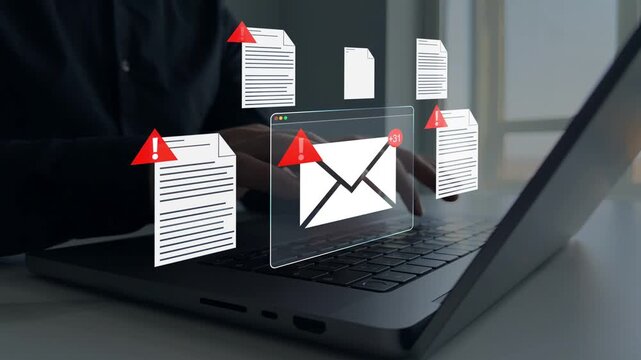 Spam email message on digital screen.Email security and virus spam alert in email. Fake text email scam.Scammers online.Cyber scam.	
