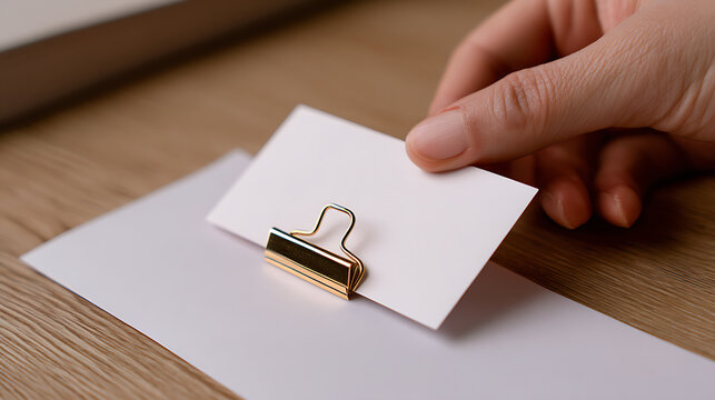 A Person's Hand Holds Up a Blank White Business Card with a Gold Binder Clip on a Wooden Desk, Illustrating Organization and Professionalism