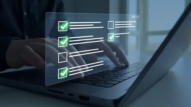 Businessman in computer doing online data documentation checklist survey. Fast checklist,clipboard task business management.Productivity checklist and filling survey form online.	
