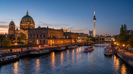 Obraz premium Berlin Cathedral Museum Island TV Tower Dusk Cityscape Germany
