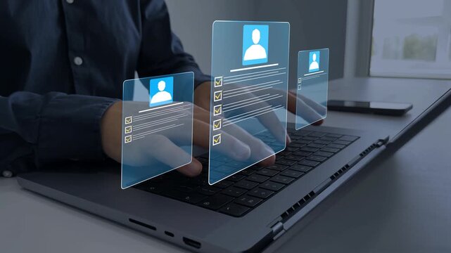 Business professional reviewing digital CV on a laptop, analyzing candidate profiles for recruitment and hiring decisions.Concept of Human Resources ,election and online application screening process.