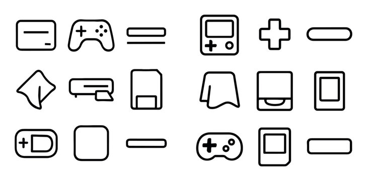technology and gaming design icons with game controller, plus sign and floppy disk for web interface design in outline style