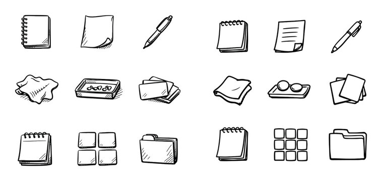 Office and stationery design icons with notebook, pen, folder for presentation design in minimal outline style