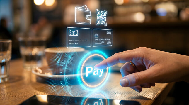 Finger pressing glowing pay button on digital wallet interface with cash card and QR payment icons
