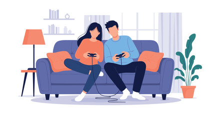 Fototapeta premium Young couple sitting together on a blue sofa while playing competitive video games with handheld controllers in a cozy living room.