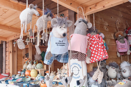 Handmade felt mouse souvenirs at a tourist market in Myshkin, Russia