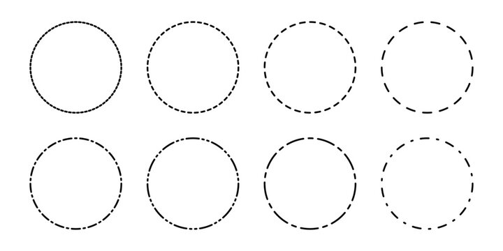 Circles with dah and dotted line strokes set. Round clock or patch with dashed stitches. Vector illustration. 