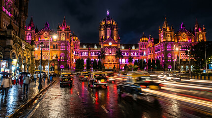 Naklejka premium Mumbai CSMT Train Station Night Illumination Traffic Light Trails India