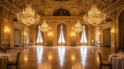 Fototapeta premium Grand ballroom with ornate chandeliers and elegant interior