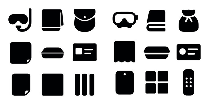 Travel and leisure design icons with snorkel, towel and pouch for presentation design in solid style