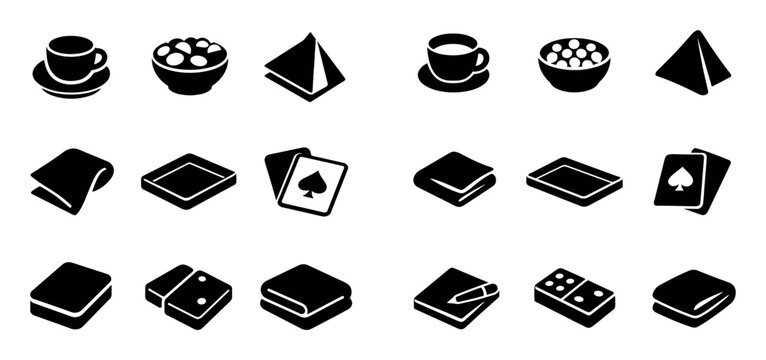 Leisure and entertainment concept icons with cup, cards and domino for mobile app design in solid icon style