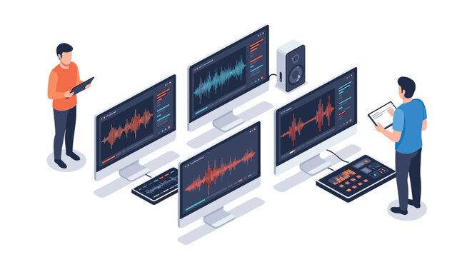 Music producers collaborate in a professional sound studio equipped with multiple monitors showing audio waveforms and mixers.