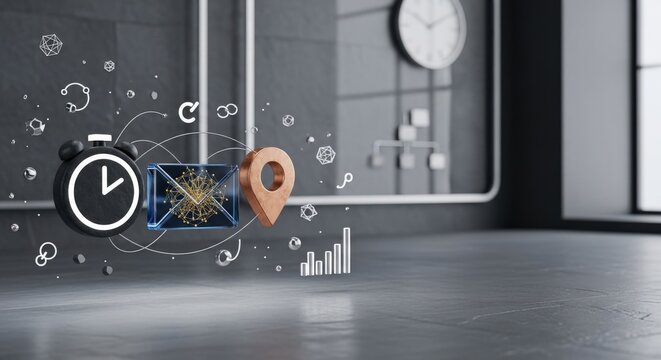 Conceptual Asynchronous Work Synergy and Task Integration Metrics with Floating Timer and Email Icons on Slate with Copy Space