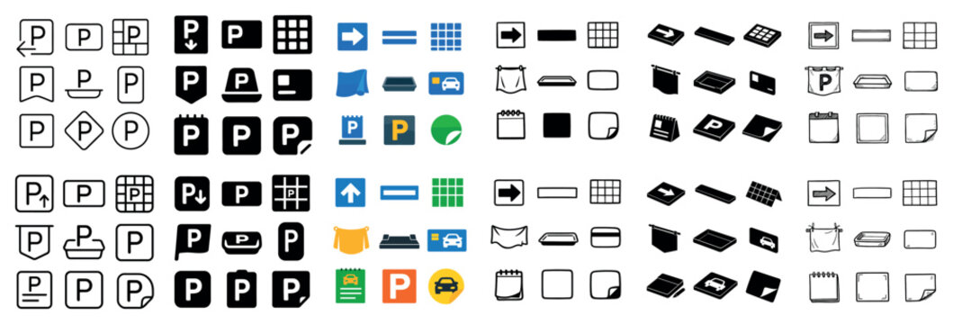 Parking and navigation icon set with parking car arrow for dashboard interface in outline design