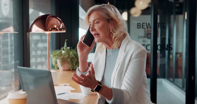 Laptop, cafe or businesswoman with phone call for remote work, venture proposal or capital negotiation. Coffee shop, smile or mature advisor with investing client for funding, tech or equity chat