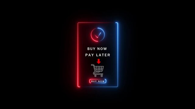 Glowing Neon Blue Buy Now Pay Later Shopping Cart Icon with Check Mark on Black Background image photo 4K VIDO