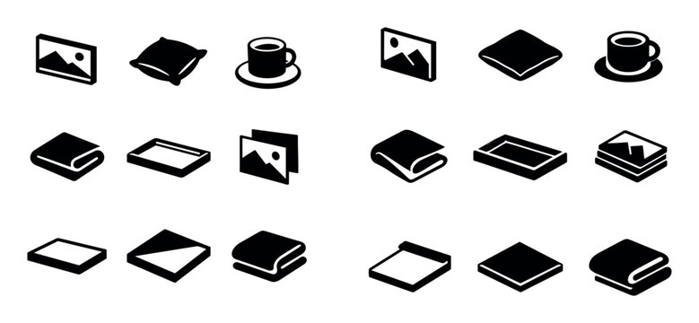 Home and comfort vector icons with pillow, cup and picture frame for mobile design in solid icon style