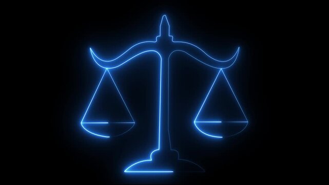 Glowing neon line Scales of justice icon isolated on black background. Court of law symbol. Balance scale sign. 4K VIDEO animation