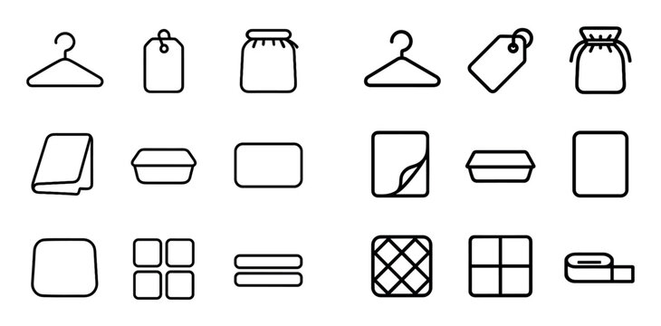 Household and laundry vector icons with hanger, tag and container for web design in minimal outline style