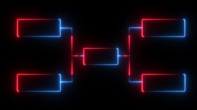 glowing neon or outline championship single elimination tournament bracket or tree diagram isolated on neon . Fields for 8 players or teams, 4 from each side. It is suitable for all kinds 4k video
