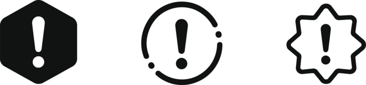 Warning Sign Exclamation Mark Icons in Different Artistic Styles, Alert Notification Symbol Collection, Modern Safety Danger Attention Icons Set for UI UX Design and Web Apps 