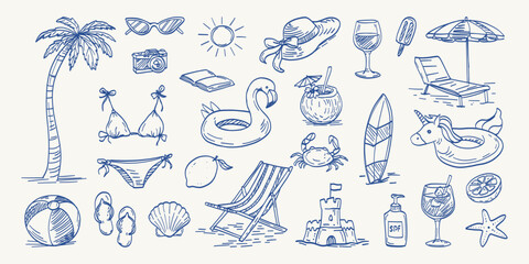 Hand-drawn summer beach scene in blue ink. Various vacation items scatter across the sand. Palm tree stands tall near sunglasses and a bright sun icon. Swimsuit, beach towel. Sandcastle, surfboard © MariiaMart