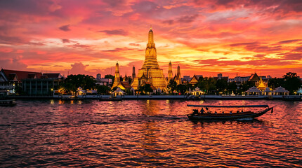 Fototapeta premium Bangkok Wat Arun Temple Sunset Chao Phraya River Thailand