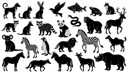 Naklejka premium Collection of Black Animal Silhouettes: A comprehensive array of distinct animal silhouettes, showcasing diverse species from various habitats, presented in monochrome for graphic design versatility.