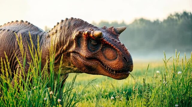 Carnotaurus head in a sunlit grassy field. Close-up of a horned prehistoric dinosaur in the morning mist. Ancient predator in a natural meadow environment