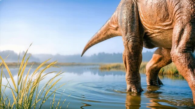Diplodocus legs wading through teal water. Prehistoric dinosaur walking in a misty lake. Ancient wildlife concept
