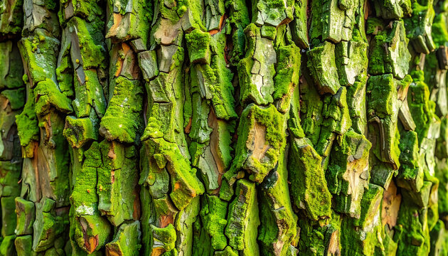 Rough textured oak tree bark covered in vibrant green moss, detailed natural pattern, forest closeup