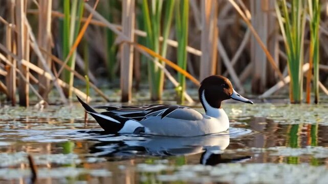 Male Northern Pintail Duck Swimming Calmly in Water Surrounded by Reeds, Wildlife Nature Scene at Sunset