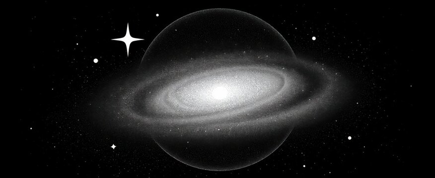 Stunning vast galaxy with enormous neutron star in outer space. Circular design for flyer or print in stippling technique. Vintage dotwork. Pointillism. Textured grainy shading with dots. illustration