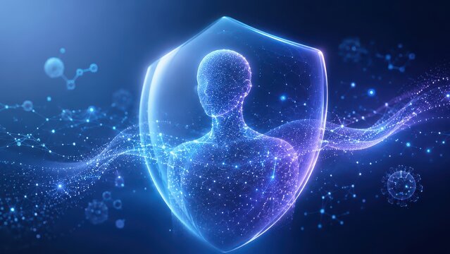 A digital human figure protected by a glowing shield, symbolizing cybersecurity, data protection, and digital privacy in a futuristic, high-tech environment.