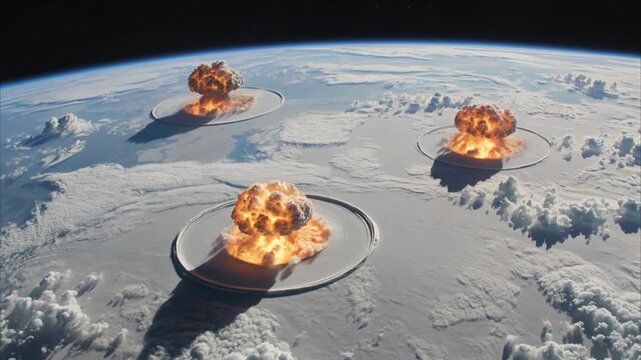 Multiple nuclear explosions with massive mushroom clouds and shockwaves seen from space over Earth.
