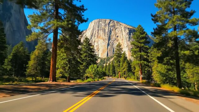 Driving Through Yosemite Valley Road With Majestic Mountain and Trees Under Blue Sky