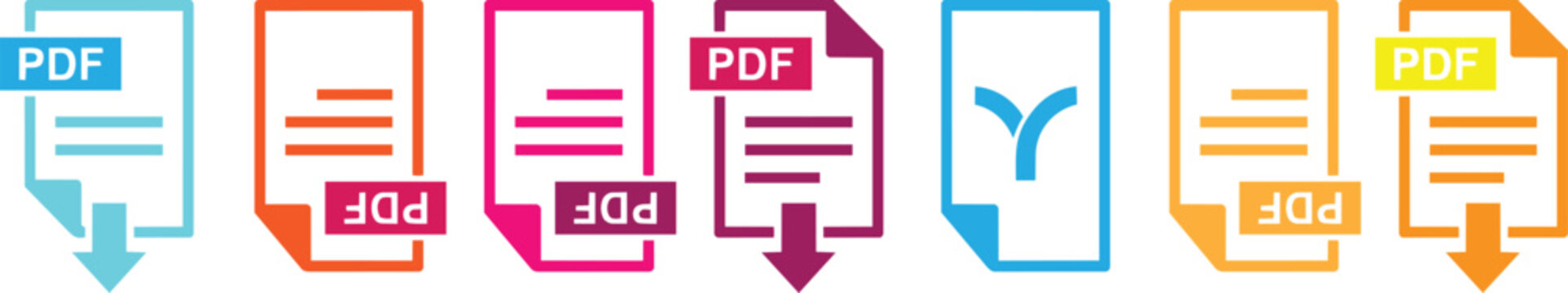 Set of colorful pdf document file icons with download arrows and generic page graphics document download illustration colorful business interface management