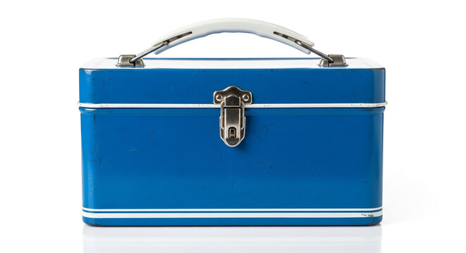 Empty vintage blue metal storage box with secure latch on white background